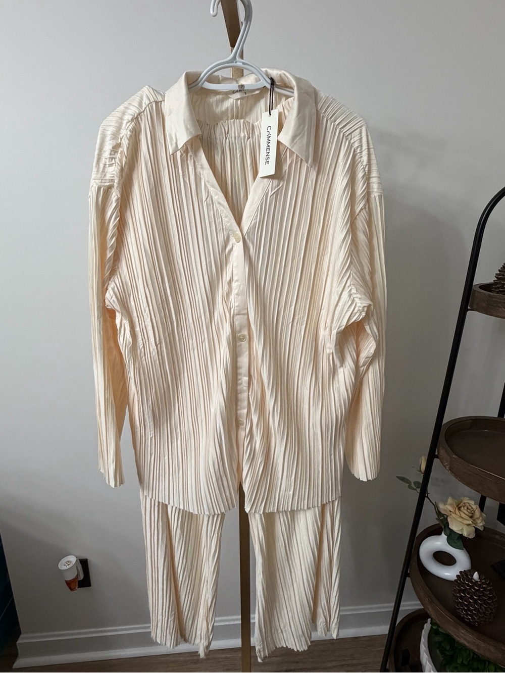 Cream Pleated Button-Down Top and Matching Pants Set